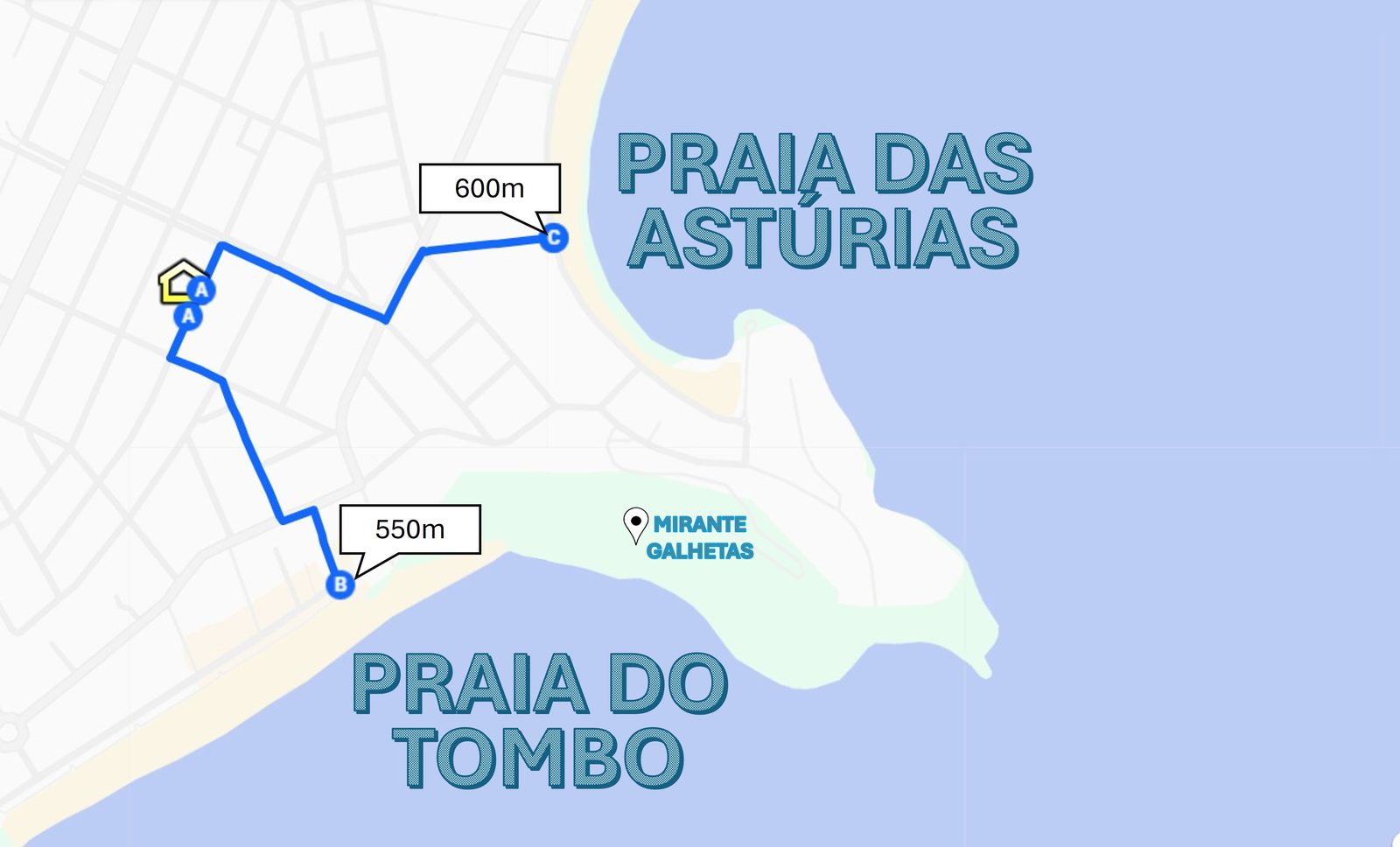 Mapa mostrando o apartamento a 600 m da Praia das Astúrias e 550 m da Praia do Tombo